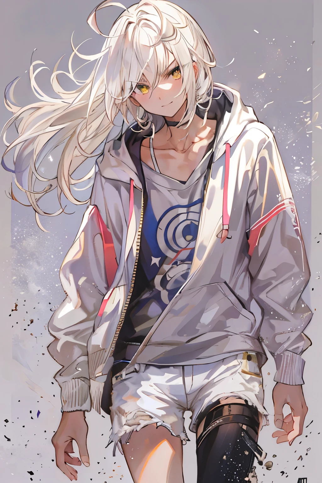 1man, mid shot, best detailed girl, looking back, Perfect body, woman, 20 years old, messy white long hair, flipped hair, shiny platinum blonde hair, floating hair, huge ahoge, smirk, v-shaped eyebrows, golden pupil, medium chest circumference, bright skin, oversized clothes, hoodie, short shorts, sandals, black Clothes, masterpiece, best masterpiece,