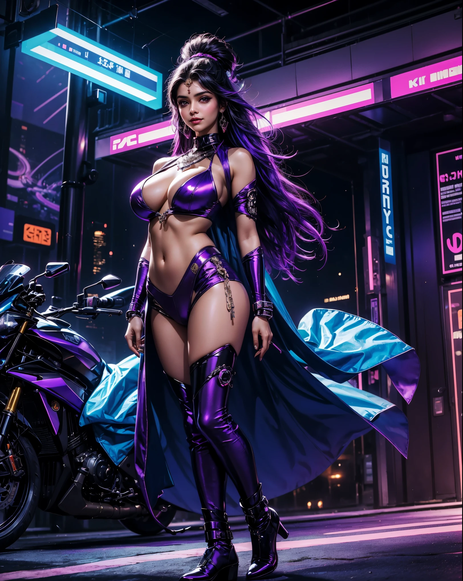 (blue purple neon lighting),(vibrant glow),dynamic colors,striking contrast,futuristic vibe,electric energy,reflective surfaces,(cityscape:1.3),8k,official wallpaper,(cyberpunk:1.2),beautiful Indian female indian goddess in purple sexy traditional Indian clothes, beautiful goddess, long hair, big boobs, cleavage show, big ass, beutiful traditional clothes in her body, indian girl with beautiful sexy shy smile, glowing face with lights, front view  , sexy navel, traditional female look, indian traditional female, indian goddess, wearing a chain,beutiful eyes, futuristic goddess look, purple cloths, background is rocky terrain with three moons