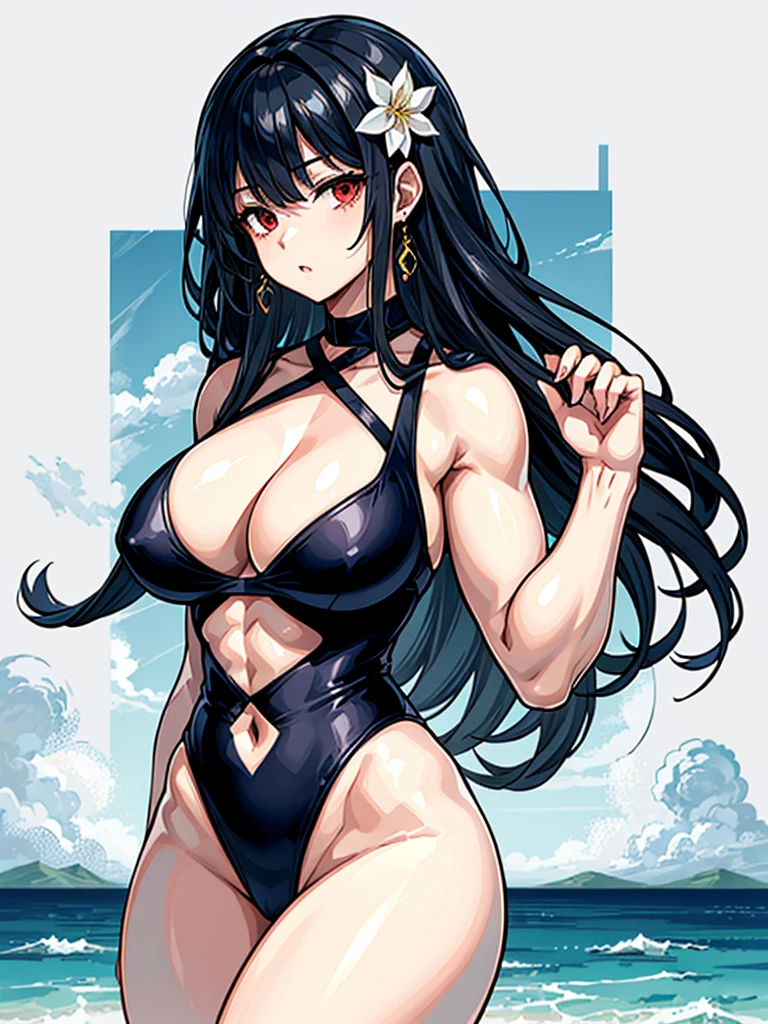 (((masterpiece、Highest image quality、highest quality、highly detailed unity 8kwallpaper)))、((Illustration of one girl))、(((beautiful girl)))、((black hair:1.3、straight hair、Very Longhair、golden hair ornament、red eyes))、(tall:1.3、stocky build:1.3, thickset physique, muscular legs, broad shoulders, solid chest)、swimsuit、sandy beach
