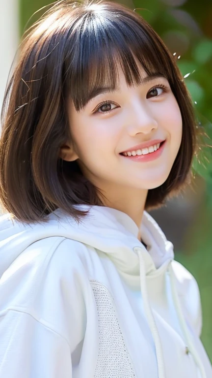 high school girl,Hairstyle(Short length,short hair,Bangs Patsun),short hair,cute,girly,adorable,accurate and perfect face,Super detailed,Realistic,correct anatomy,white parka jacket,Do not wear a hood,big breasts,whole body,whole body(slender),skin that looks real,beautiful skin,realistic textured skin,indoor,soft light,Professional light,smile