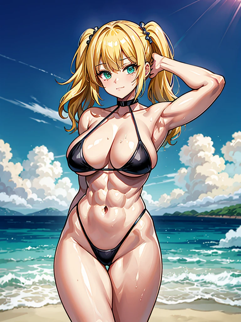 (((masterpiece、Highest image quality、highest quality、highly detailed unity 8kwallpaper)))、((Illustration of one girl))、(((beautiful girl)))、((blonde、pixie cut:1.2、two side up、sidelocks、green eyes))、(((tall、stocky build, thickset physique:1.3, muscular legs, broad shoulders, solid chest)))、swimsuit、sandy beach