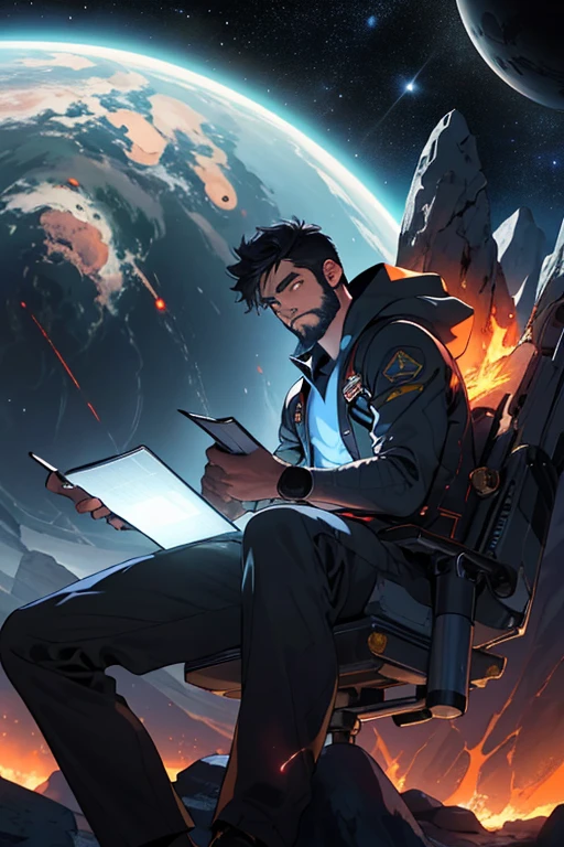 Draw a young programmer, Sitting on a research platform floating in the middle of the asteroid belt. He was studying with a notebook, Surrounded by several asteroids with fiery rings. Dramatic lights from distant stars and planets illuminate the scene, Casts a deep shadow on the suit. This young man looks confident and determined, Look at the vast and mysterious universe with wonder and respect,beard, cowboy shooting,