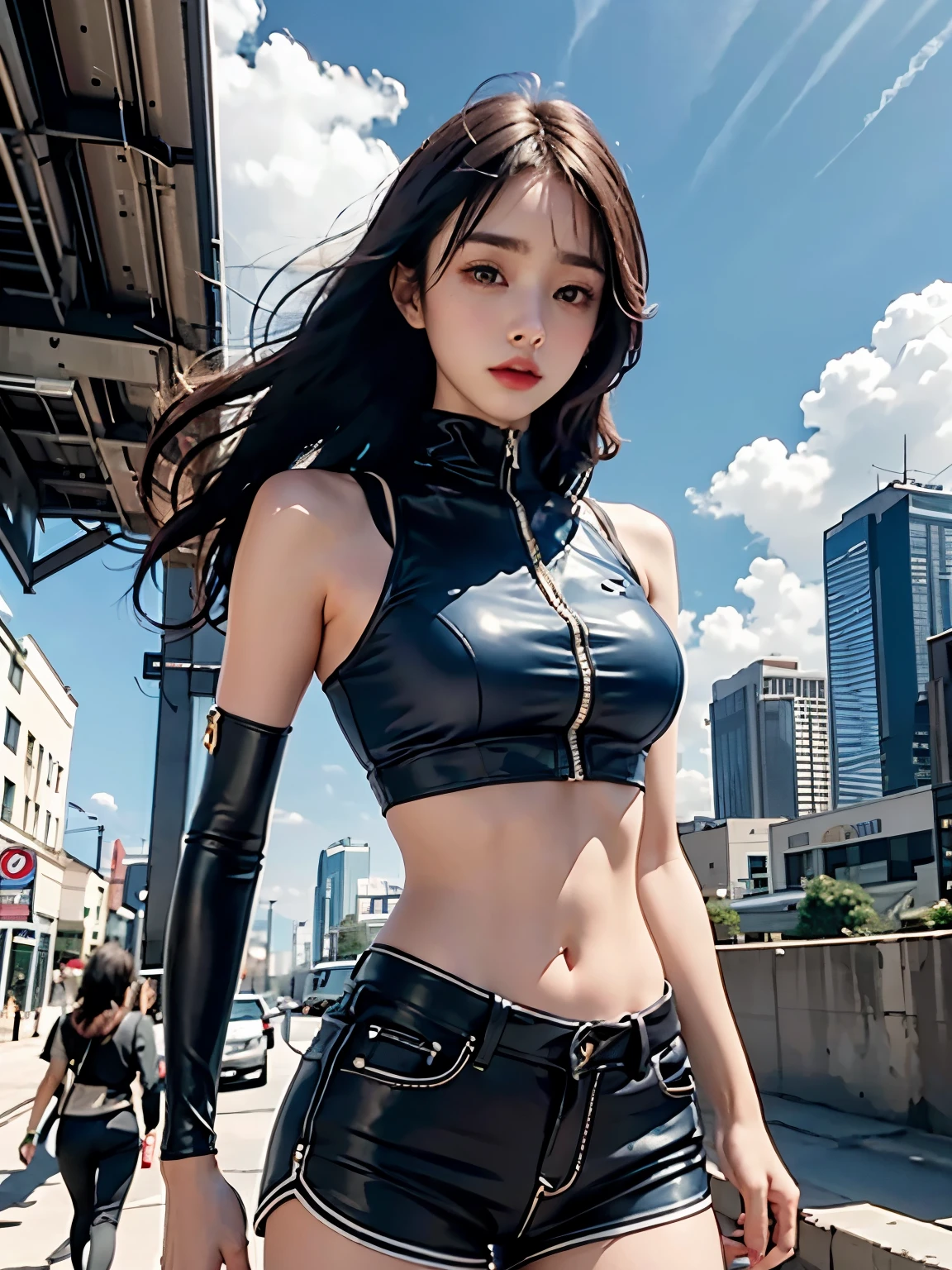 Lily Collins,Tall figure,skin,Upper body shorts,Medium shorts,buttons,zipper,Complex workmanship,icon,company logo,Emit blue light,background with,future technology,cyberpunk city,,big gear,wind,Blue sky and white clouds,