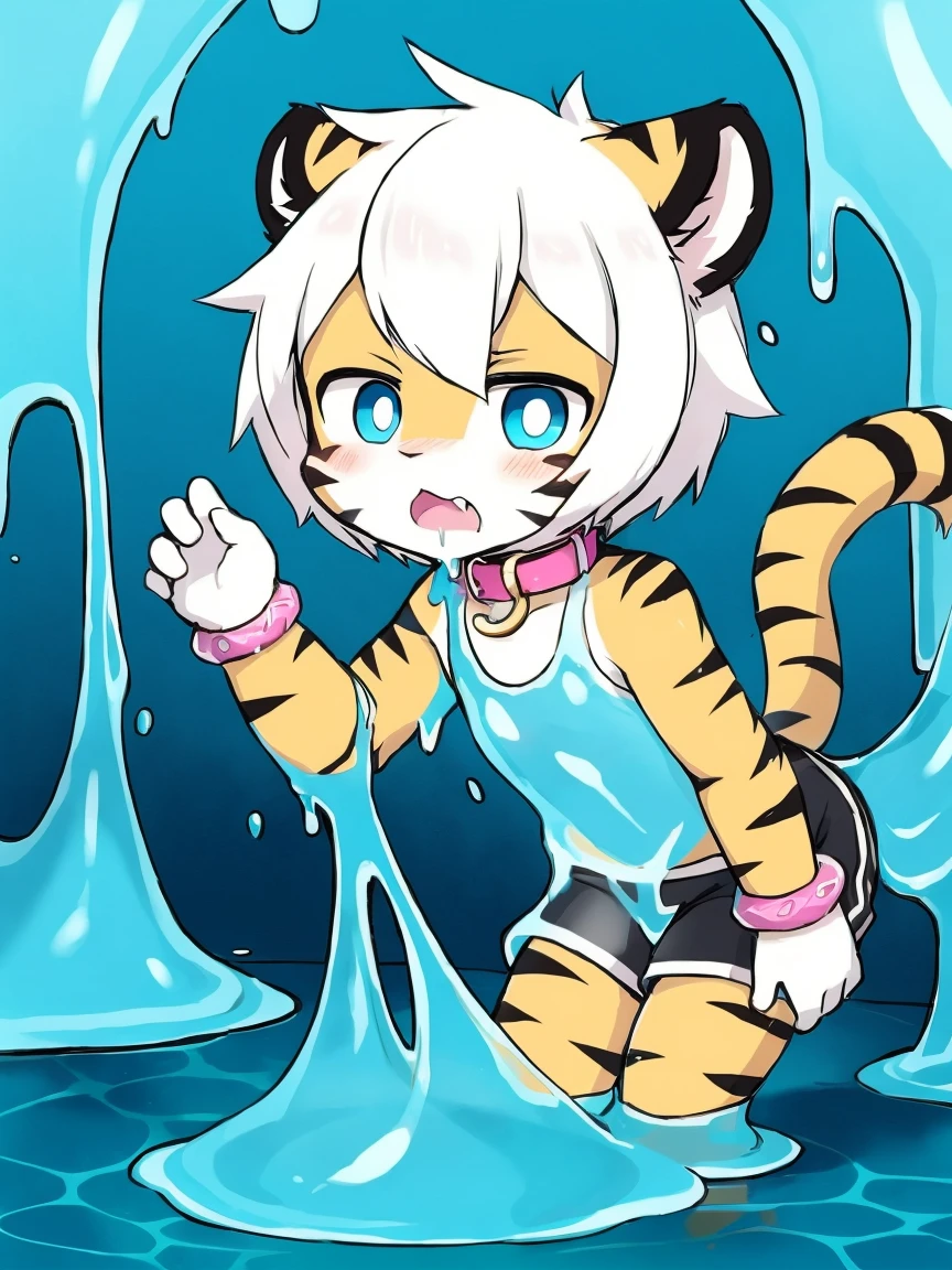 (4K,8k,best quality,meticulous details,Delicate light,Delicate short hair)Tiger cubs,white hair,dark blue pupils,there's something strange,adventure,Slime that exudes faint light,Slime dripping down,surprise,touch slime,史莱姆抱住Tiger cubs,black shorts,Big blue striped tail,Little fresh,Dive into the slime,Enter slime, Shota,Pink bracelet,Pink collar