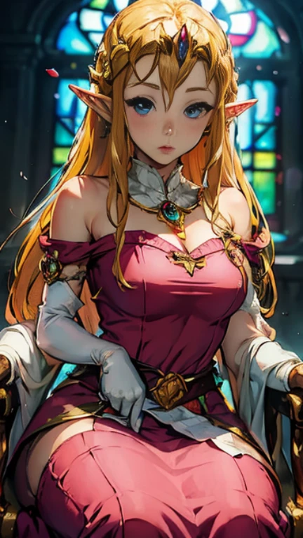 (quality, 4k, 8k, high resolution, masterpiece: 1.2), ultra-detailed, blurry, depth of field, blurred foreground, blurred background, pink, pink rose, dress, jewelry, earrings, elf ears, elf blonde hair, stained glass, princess dress, blue eyes, elbow gloves, pink dress, breasts, looking at viewer, hair over one eye, long hair, pink flower, elf ears, throne room, gloves, motion blur, solo focus , peach princess, crown, strapless, blush, white dress, photo \(medium\), 1 elf girl, gem