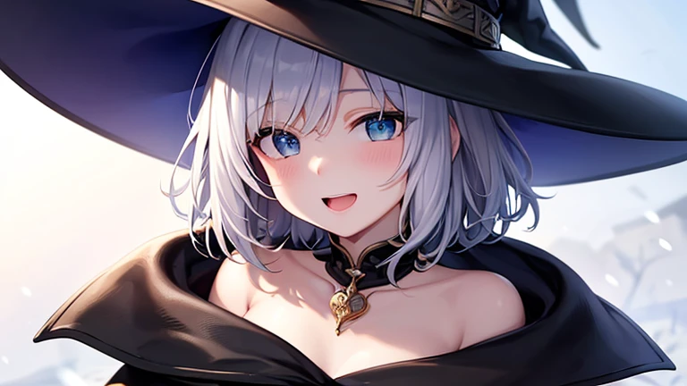 super high quality, with a girl, 20-year-old, very short hair, long bangs between the eyes, pale blue eyes , blue sky, sunlight, very detailed,(masterpiece、highest quality)、alone、gray hair、laughter、White skin as clear as snow、fantasy, silver hair, black eye, beautiful eyes,, ecstasy, charm, be smitten with audience, fantasyな風景、witch hat
