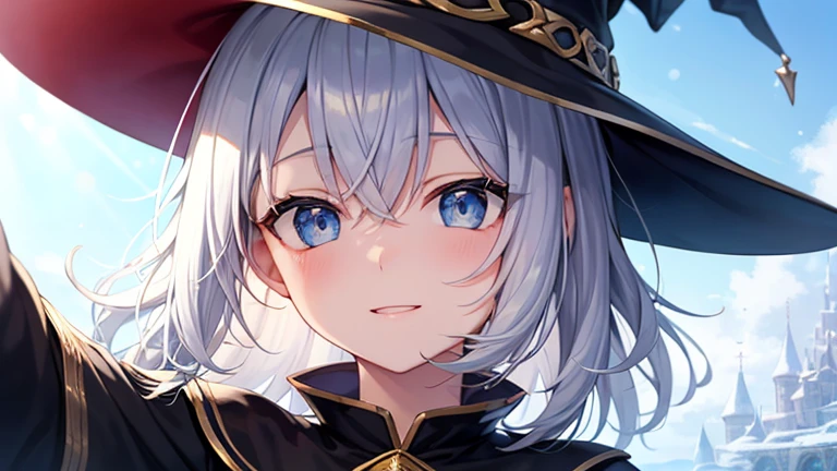super high quality, with a girl, 20-year-old, very short hair, long bangs between the eyes, pale blue eyes , blue sky, sunlight, very detailed,(masterpiece、highest quality)、alone、gray hair、laughter、White skin as clear as snow、fantasy, silver hair, black eye, beautiful eyes,, ecstasy, charm, be smitten with audience, fantasyな風景、witch hat