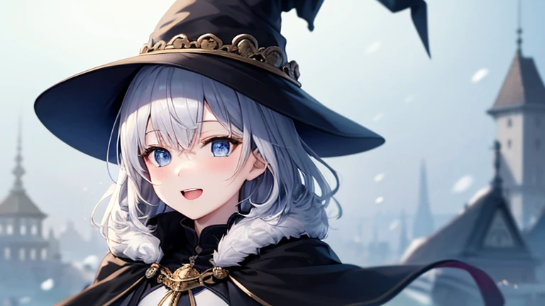 super high quality, with a girl, 20-year-old, very short hair, long bangs between the eyes, pale blue eyes , blue sky, sunlight, very detailed,(masterpiece、highest quality)、alone、gray hair、laughter、White skin as clear as snow、fantasy, silver hair, black eye, beautiful eyes,, ecstasy, charm, be smitten with audience, fantasyな風景、witch hat