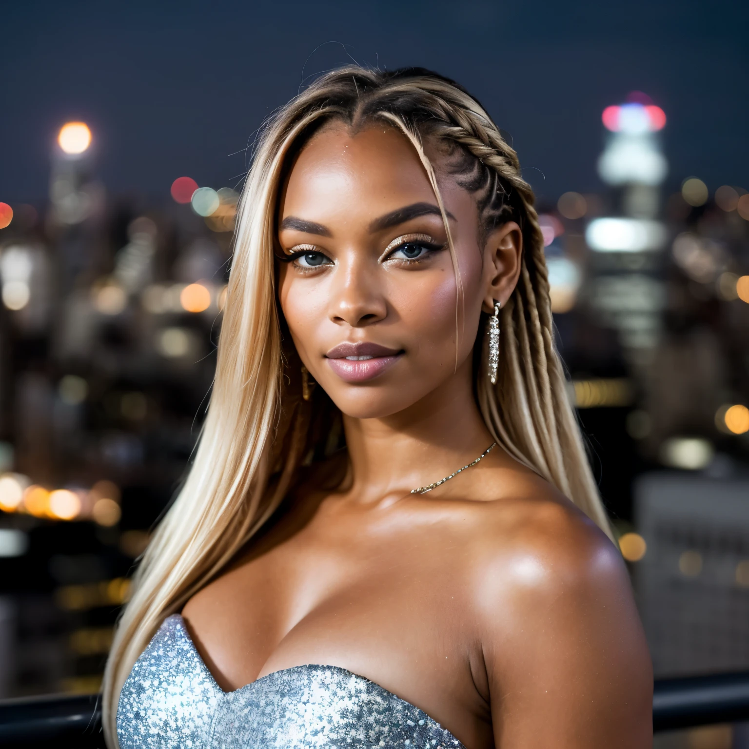 (Longshot view: 1.4), (full of the body: 1.4), RAW UHD portrait photo of a 28-year-old African (blue-eyed African woman mixed brazillian), blonde braids, large breasts, (sleek jumpsuit), against a New York skyline, (strapless), showcasing (cityscape!, skyline lights, glamour!! , allure: 1.1), captivating eyes with city glint (fixating on the camera), Rooftop city lights, mirrorless camera, urban tones, crisp details, subtle grain, Nikon Z6, sophisticated framing, sharp focus, city bokeh (city lights), night, details (textures! , hair! , glitter, color!! , disadvantages: 1.1), glossy eyes with high detail, ultra-quality, depth of field, film grain, crystal clear, frame center, beautiful face, sharp focus, bokeh (dimly lit), day, detailed skin pores, oily skin, sunburn, complex eye details, full body, large breasts