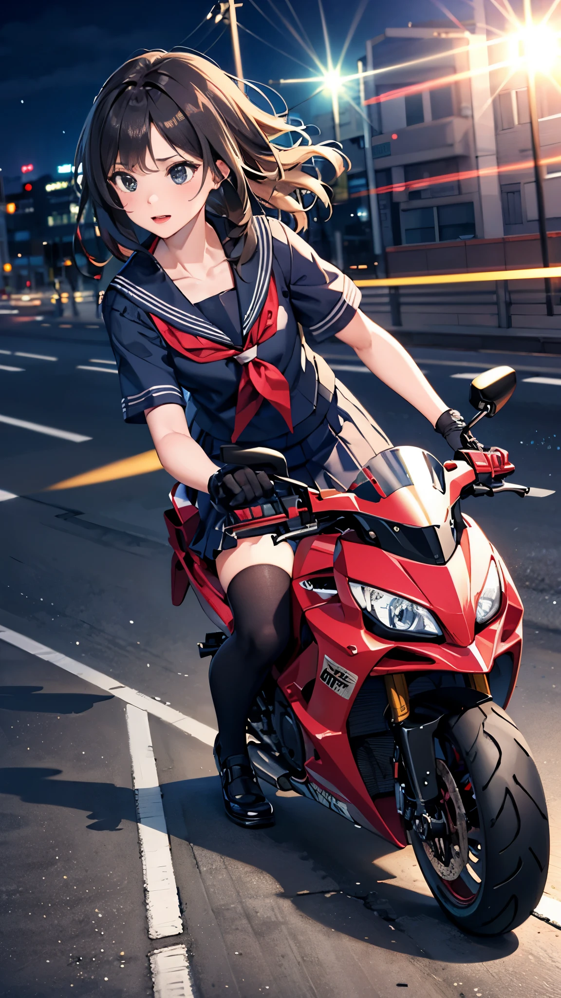 masterpiece, highest quality, 1 girl, alone, Jacket, school uniform, serafuku, Thighhighs, Wearing gloves, Wearing a backpack, black hair, black eye, cyber punk, street, mechanical, car, motorcycle, panorama, wearing helmet, speed line, Depth of bounds written, motion blur, perspective, panorama, riding, floating hair, night, neon trim, Hand-on-hand grip,