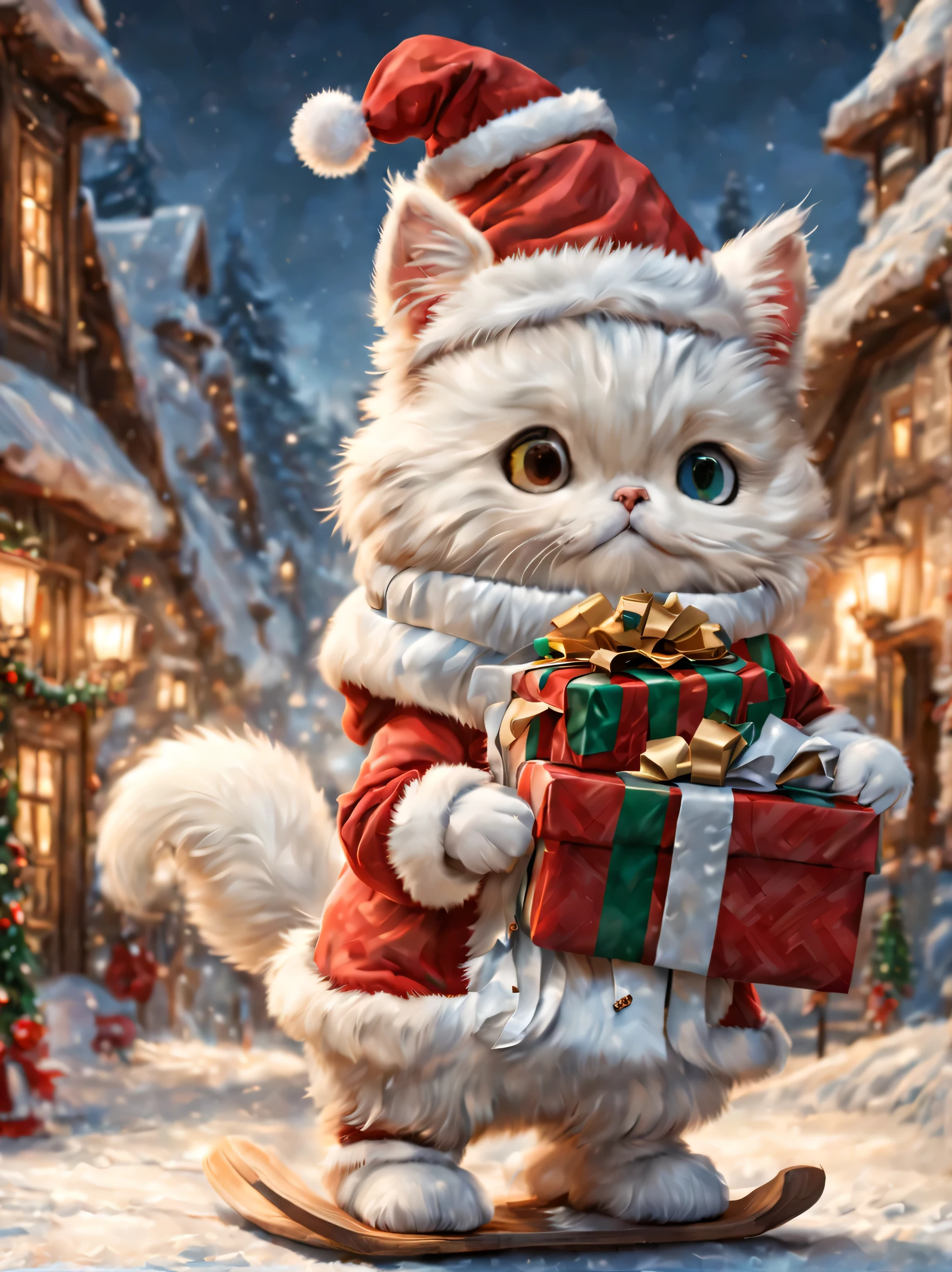 cute minuet, snowboarding in santa costume, carrying a christmas present, (masterpiece), (highest quality), (Ultra high detail)