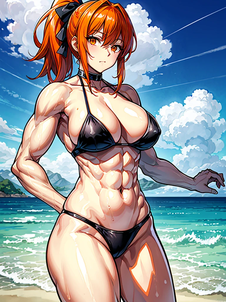 （（（masterpiece、Highest image quality、highest quality、highly detailed unity 8ｋwallpaper）））、（（Illustration of one girl））、（（（beautiful girl）））、（（orange hair、side ponytail、sidelocks：1.3、orange eyes））、（（（stocky build：1.2, thickset physique：1.3, muscular legs, broad shoulders：1.3, solid chest：1.2）））、swimsuit、sandy beach