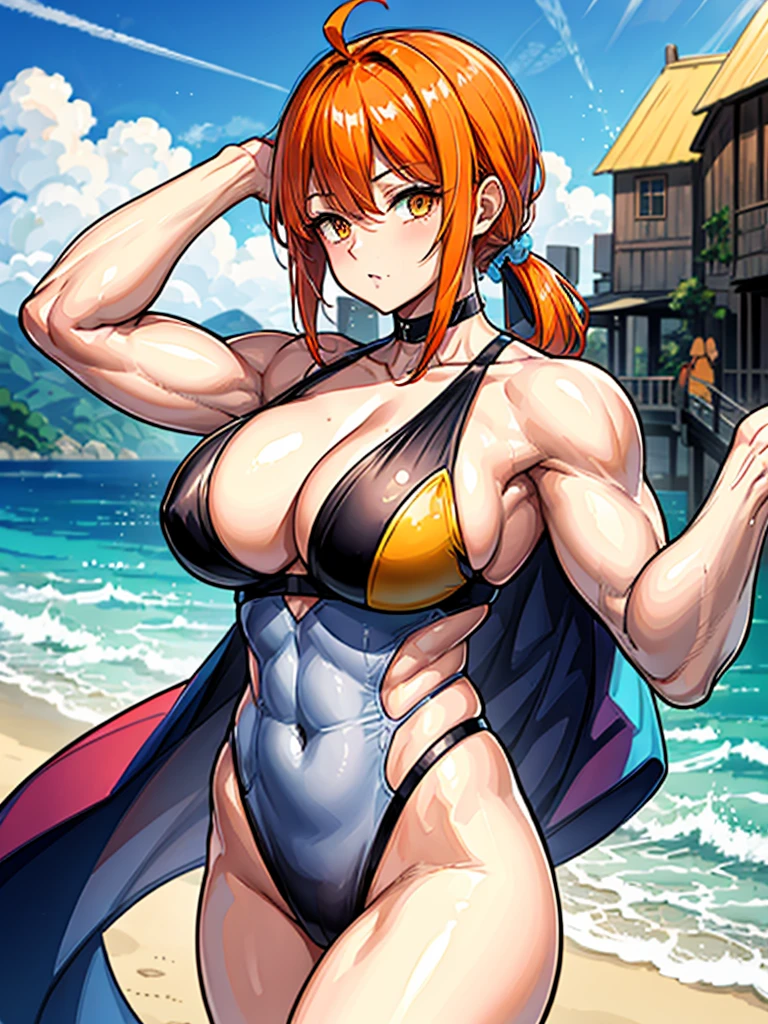 (((masterpiece、Highest image quality、highest quality、highly detailed unity 8kwallpaper)))、((Illustration of one girl))、(((beautiful girl)))、((orange hair、side ponytail、sidelocks:1.3、orange eyes))、(((stocky build:1.2, thickset physique:1.3, muscular legs, broad shoulders:1.3, solid chest:1.wimsuit、sandy beach
