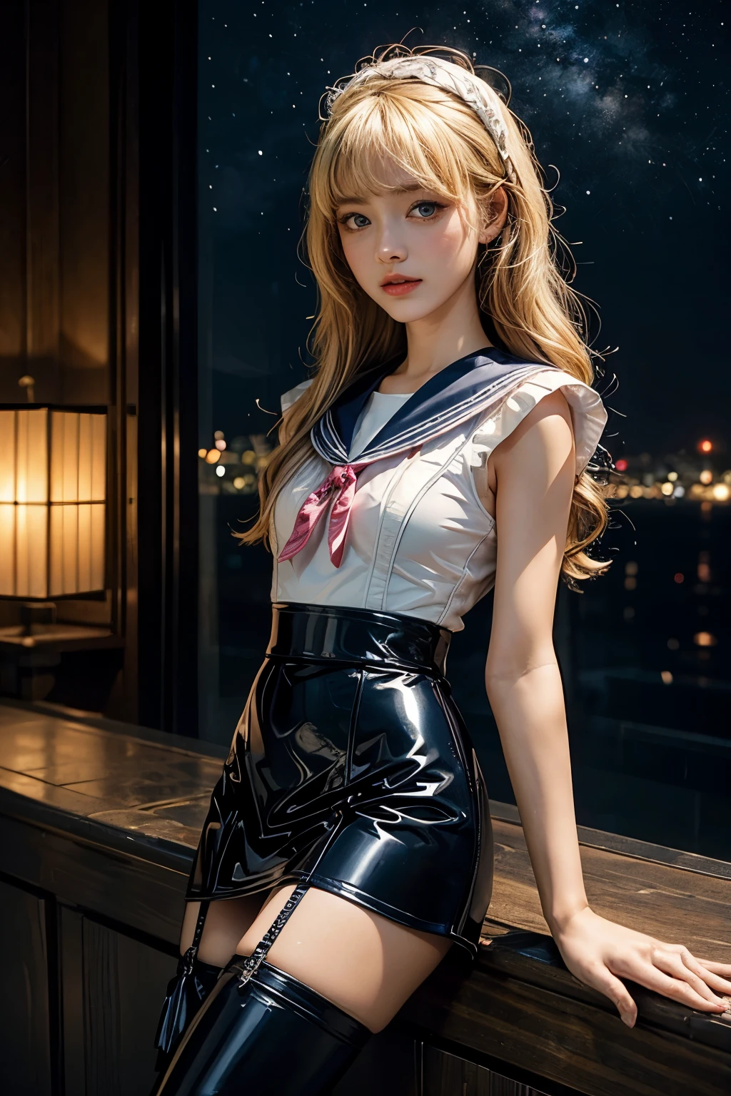 (best quality:1.4), high resolution, masterpiece, 4K, Super detailed, intricate details, Tsukino, blonde hair, blue eyes, very cute, happy, blush, (latex sailor suit:1.4), (latex skirt:1.4), (latex legwear:1.4), (small breasts:1.4), permanent, whole body, looking at the audience, miniskirt, outdoor, night, starry sky,
