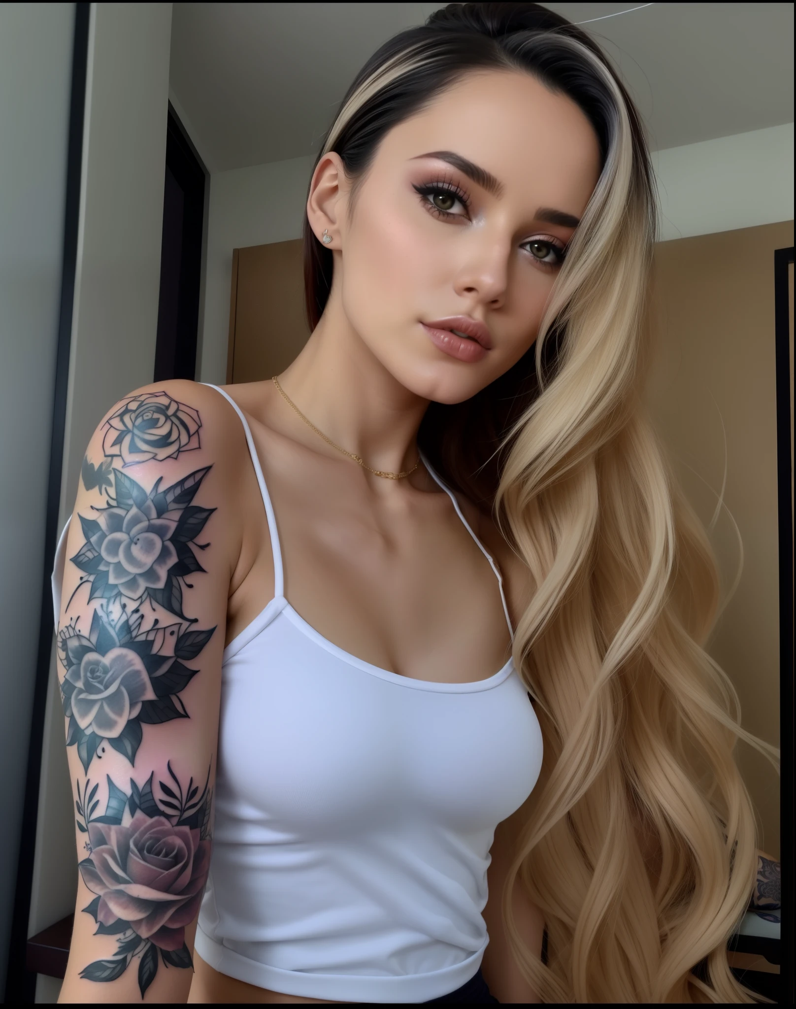 um close up de uma mulher com cabelos longos e desarrumados, messy hair and a tattoo on his arm, morena com cabelos tingidos de loiro, com tatuagens, tatuado, tattoo sleeve on her right arm, Anna Nikonova aka Newmilky, tatuado, Angelina Stroganova, Marischa Becker, Garota sexy, Angie Glock, modelo do instagram, Kaitlyn Michelle Siragusa, Alana Fletcher