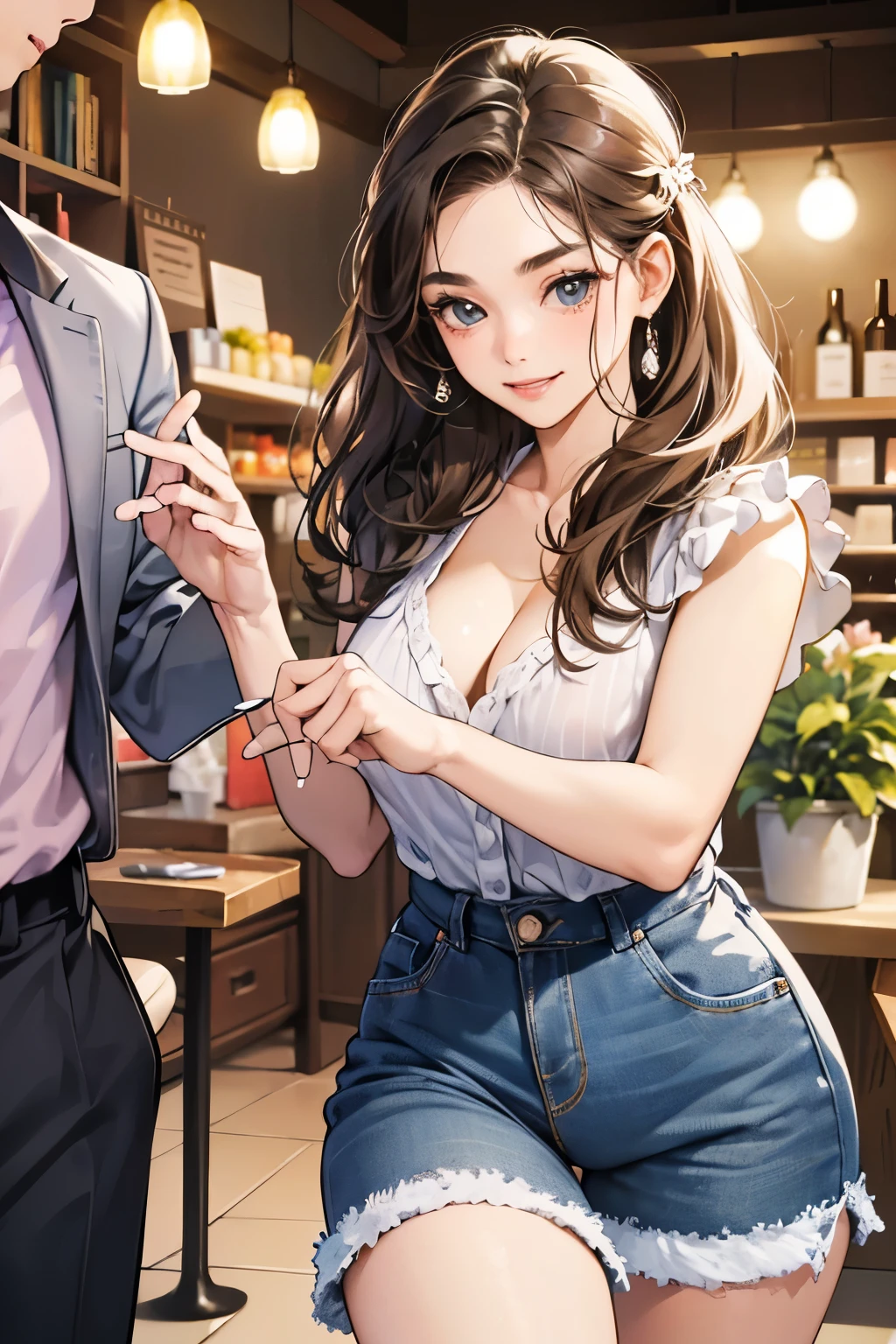 (table top, digital art, digital illustration, 4K, 8K, super detailed, beautiful images, clear image, realistic, RAW photo, perfect face, perfect lines, perfect eyes, soft lighting) 1 female, (light brown hair,chignon hair,innocent look,droopy eyebrows,With a round face,Round jaws、innocence,cute,Big eyes,natural makeup,smile gently,E cup,23 year old female:1.3),Two handsome men in suits, (human,Men in suits,muscular,Firm shoulder width,  mannish hairstyle,A man in his 30s with a cool expression,28-year-old man with bright smile:1.2),flower shop,flower shopの店先で,Flower Cottage,colorful flowers,lots of flowers、couple dancing、denim、country style、