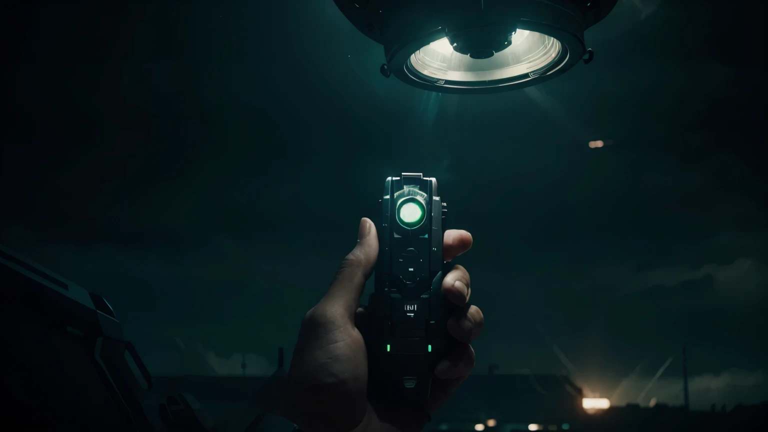 pov of a hand wearing a futurist pistol. Scene of a futuristic war on a sci fi planet lot of details, realistic, dark cinematic lights cinematic lights best quality,4k,8k,highres, t Dark and green landscapeatmosphere that conveys sadness, 8k, ultra realistic, dramatic lighting.