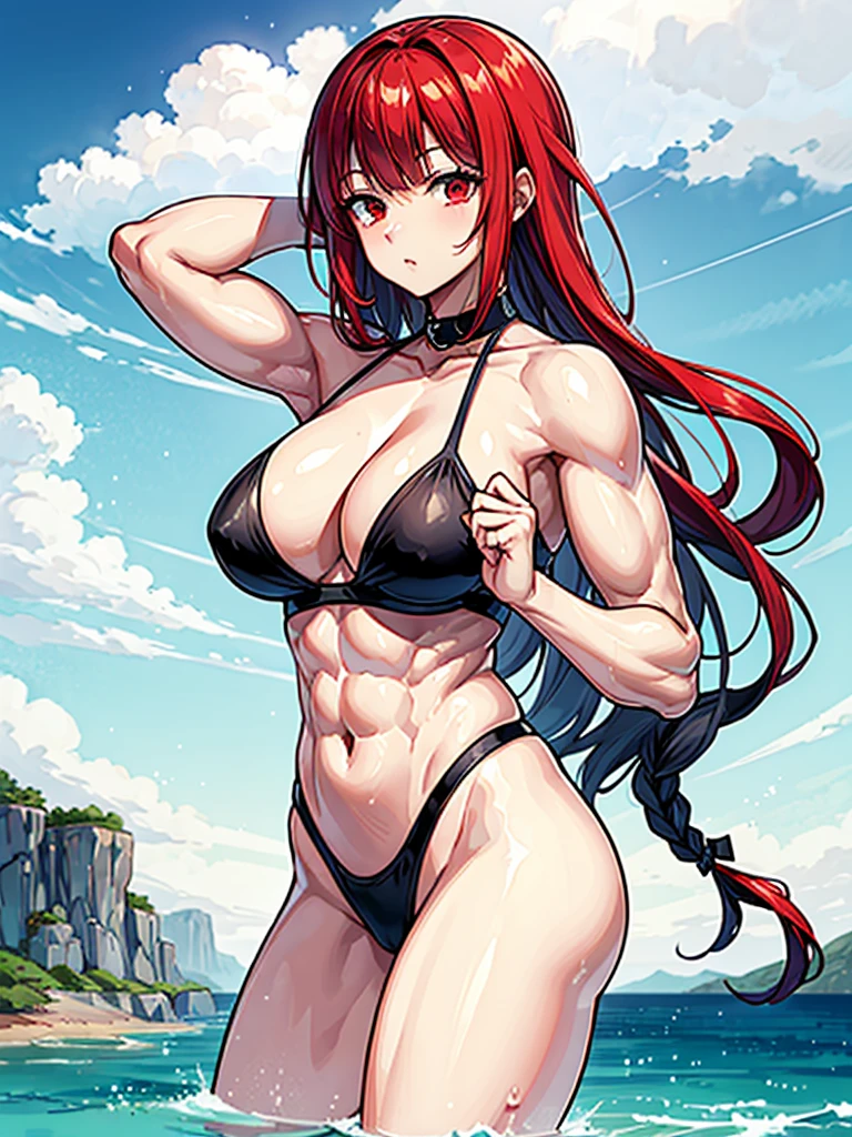 (((masterpiece、Highest image quality、highest quality、highly detailed unity 8kwallpaper)))、((Illustration of one girl))、(((beautiful girl)))、((red hair、Braid、sidelocks:1.2、red eyes))、(((stocky build:1.2, thickset physique:1.3, muscular legs, broad shoulders:1.3, solid chest:1.2)))、swimsuit、sandy beach