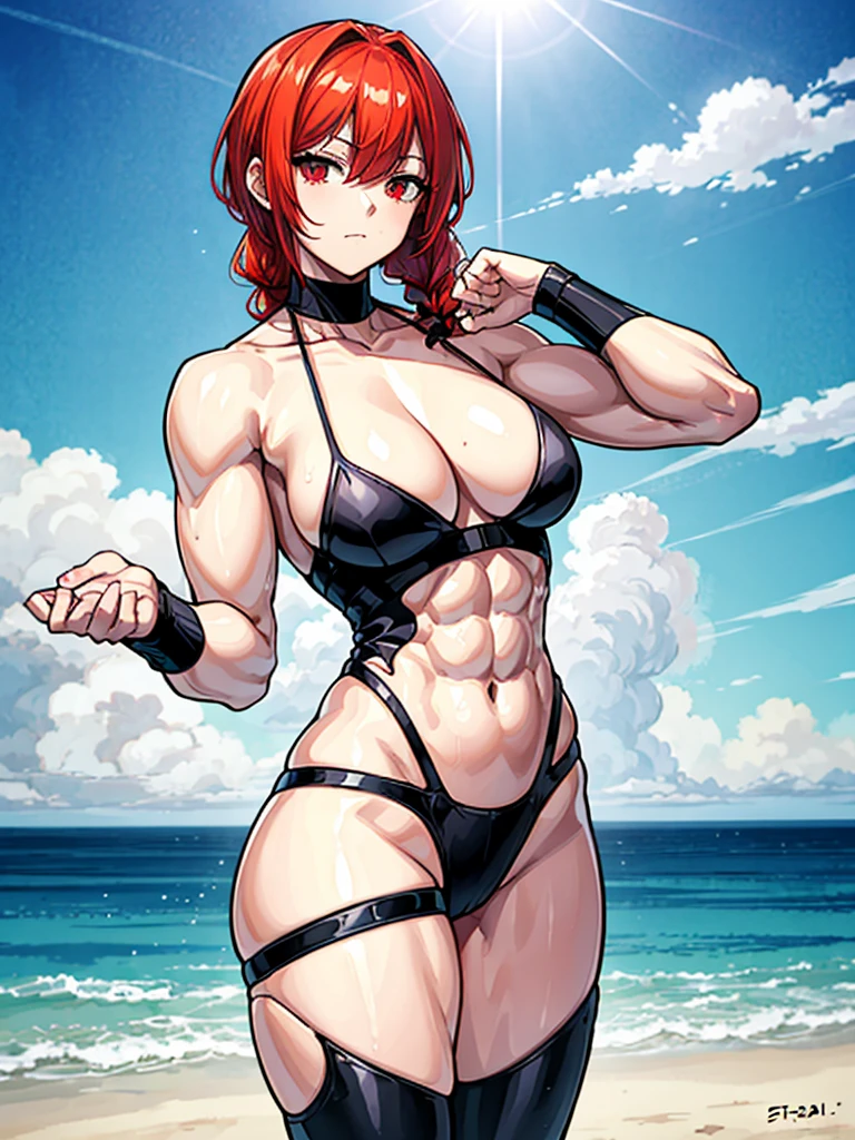 （（（masterpiece、Highest image quality、highest quality、highly detailed unity 8ｋwallpaper）））、（（Illustration of one girl））、（（（beautiful girl）））、（（red hair、Braid、sidelocks：1.2、red eyes））、（（（stocky build：1.2, thickset physique：1.3, muscular legs, broad shoulders：1.3, solid chest：1.2）））、swimsuit、sandy beach