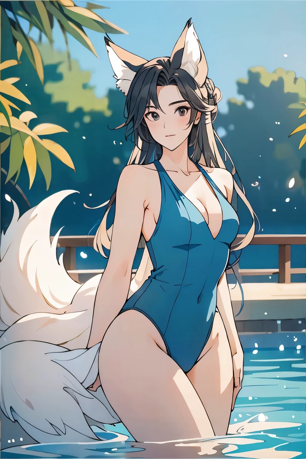 (masterpiece), (best quality), 1girl, girl with fox ears, swimsuit, sexy, swimming pool