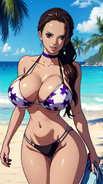 (masterpiece), best quality, ultra realistic detailed brown eyes, perfect face, beach background, beach bikini and penty, looking at viewers, massive boobs, looking at viewers, front facing, front view, happy face,large smile, perfect curvy shaped beautiful body, realistic body , black long hair