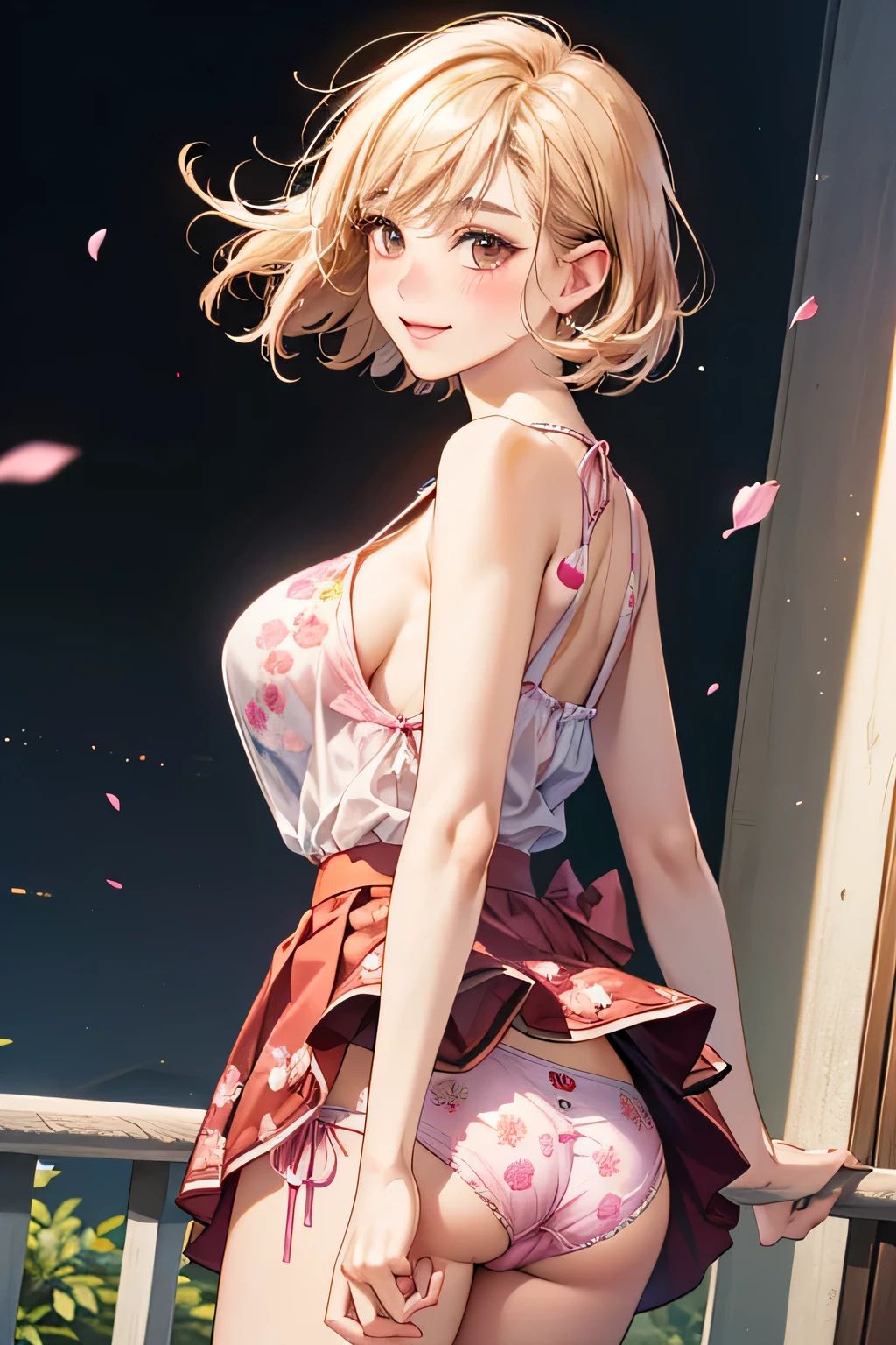 one woman, alone, middle aged, きれいなmiddle agedの女性、I could see the whole body、 ((short hair)), ((brown eyes, beautiful eyelashes, realistic eyes)), ((detailed face, blush:1.2)), ((smooth texture:0.75, realistic texture:0.65, realistic:1.1, Anime CG style)), ((glamorous body)),(( big breasts)), dynamic angle, perfect body, ((purple transparent bow, red skirt))、(Hotel stairs)、It's windy、(Very embarrassing panic smile)、looked back、I can see her ass sticking out in front of me...、Angle looking up from the bottom of the stairs、 (((The wind flipped up my skirt、My butt is now completely visible...、Pink floral panties)))、((table top, highest quality, High resolution, perfect pixel, 4K,))),