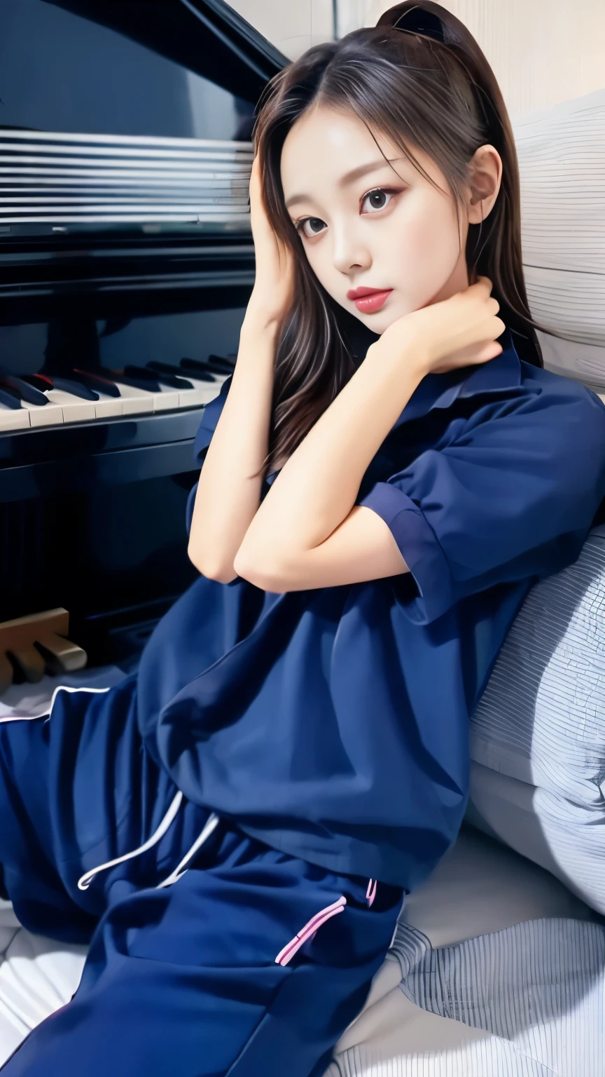 friendship,2 girls in the piano room, Navy blue short-sleeved shirt,Navy Long Trackpant,Sweatpants, Sweatpantsขายาว,25 year old girl, lesbian, sexy, lying on the bed., exercise clothes