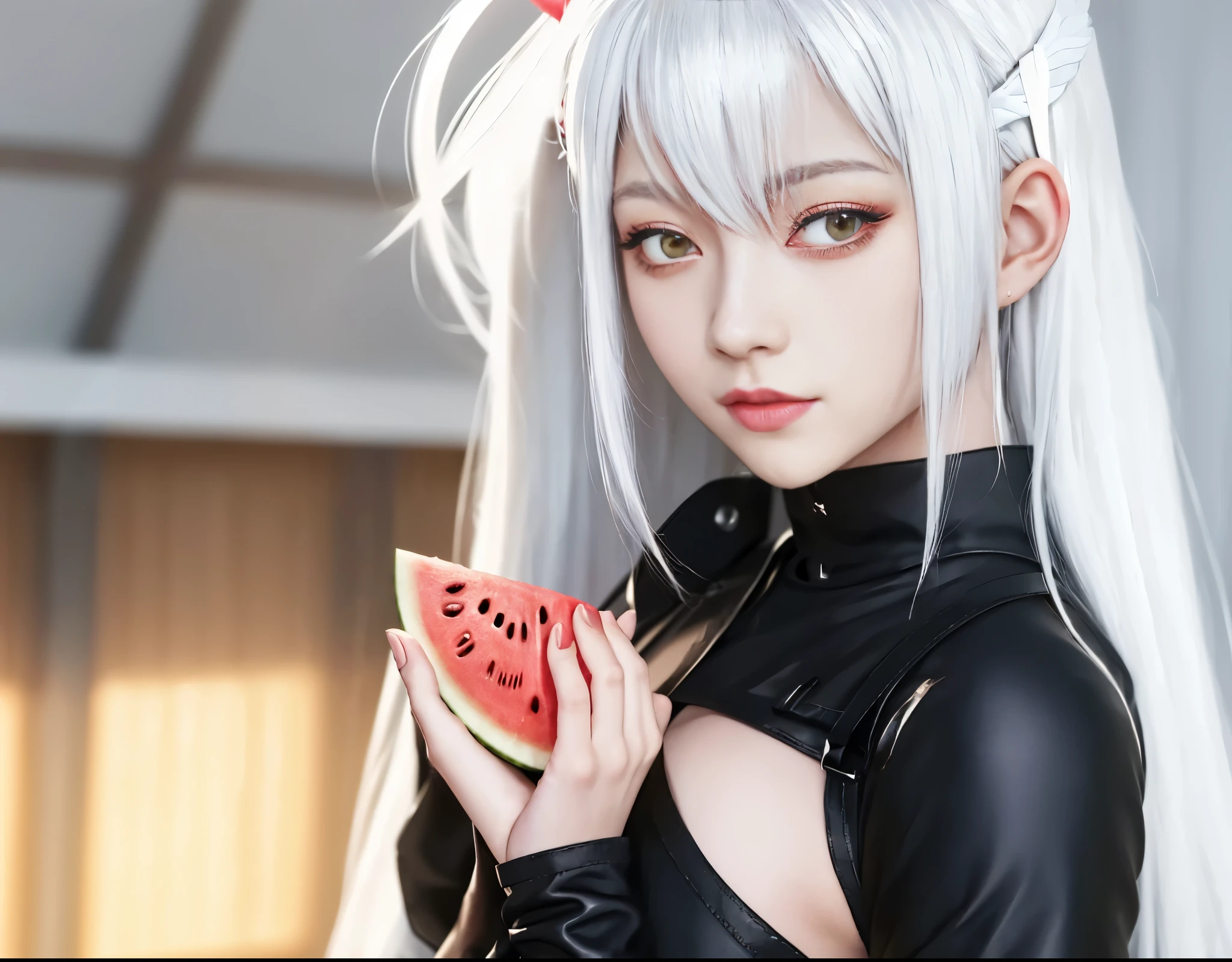 girl with long white hair holding a slice of watermelon, whitw haired, perfect white haired girl, white haired lady, girl with white hair, white haired deity, made with anime painter studio, neferpitou, tifa lockhart with white hair, ueshiba riichi, white-haired, material is!!! watermelon!!!, inspired by Leiko Ikemura