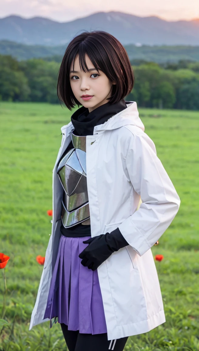 photorealistic, (4k), depth of field, (Masterpiece),1girl,hinata sakaguchi , (realistic skin texture), extremely detailed, intricate, hyper detailed, professional photography, bokeh, high resolution, sharp detail, best quality, woman, white coat, breastplate, black pants, purple skirt, short hair, black hair, purple eyes, high collar, black gloves, walking, poppy field, (sunset), pedal,  