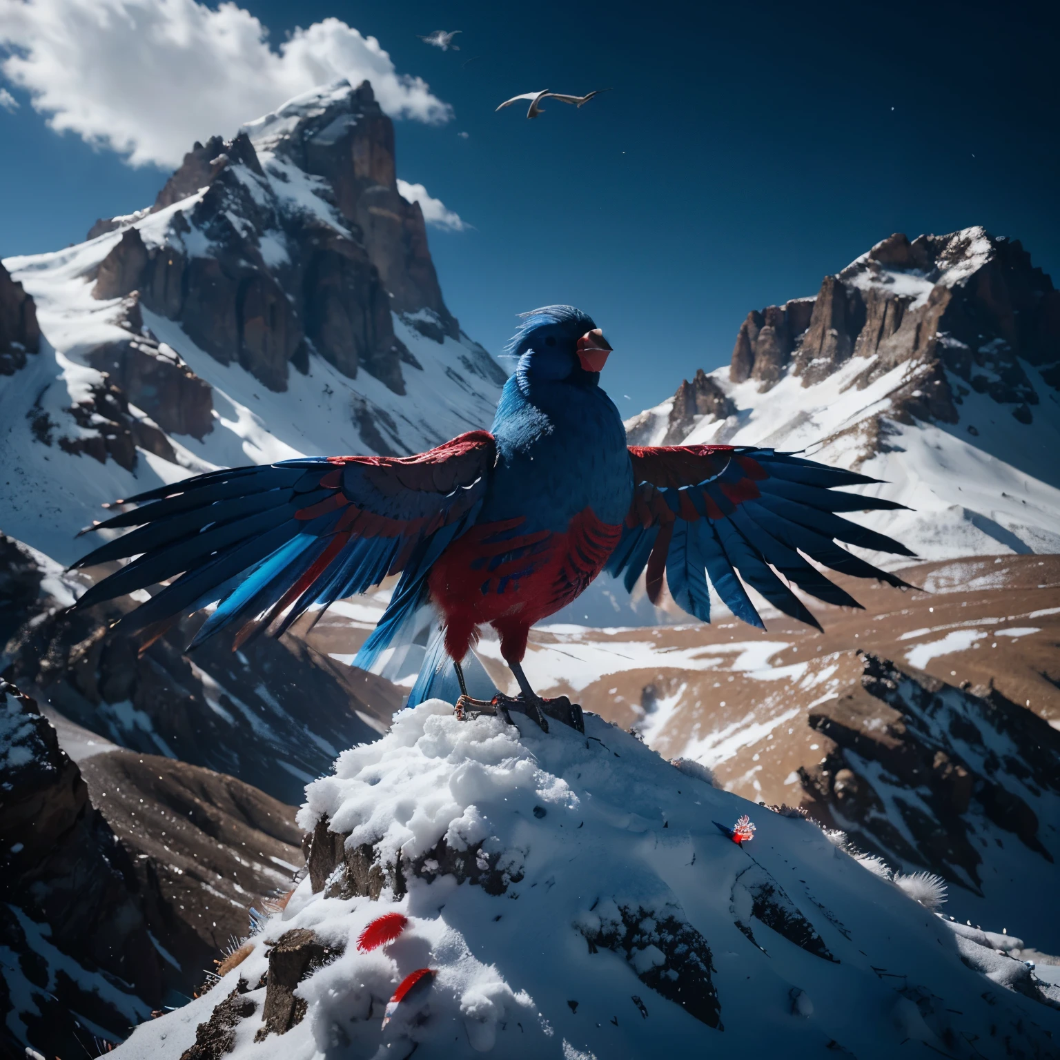 ((bird)), (extremely detailed 8k wallpaper), Dark Theme, ((white, red and blue feathers)), fine focus, (subsurface dispersion:1.1), award-winning photography, (mountains), dramatic lighting.