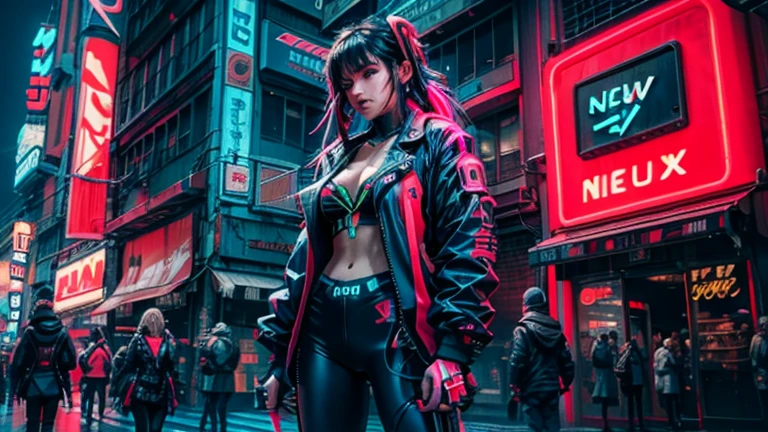 (4girls), Four Cyberpunk girls, (1samurai), (2netrunners), (1streetkid), (neon blue 1:1), best quality, (neon red 1:2), higher detail, masterpiece, grungy futuristic city, (ray trace), city lights, crowded streets, HDR, 4k, 8k, 3D