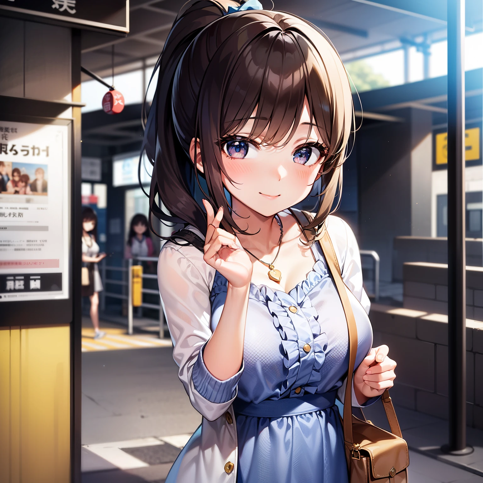 1 girl, Modern Japanese station premises, In front of the station ticket gate, waiting,Japanese cute 23 year old short girl, big breasts, , brown hair, Big Ponytail, Light blue dress with ruffles, white cardigan, tote bag, looking at camera, natural smile, background blur, Only one bag, small necklace