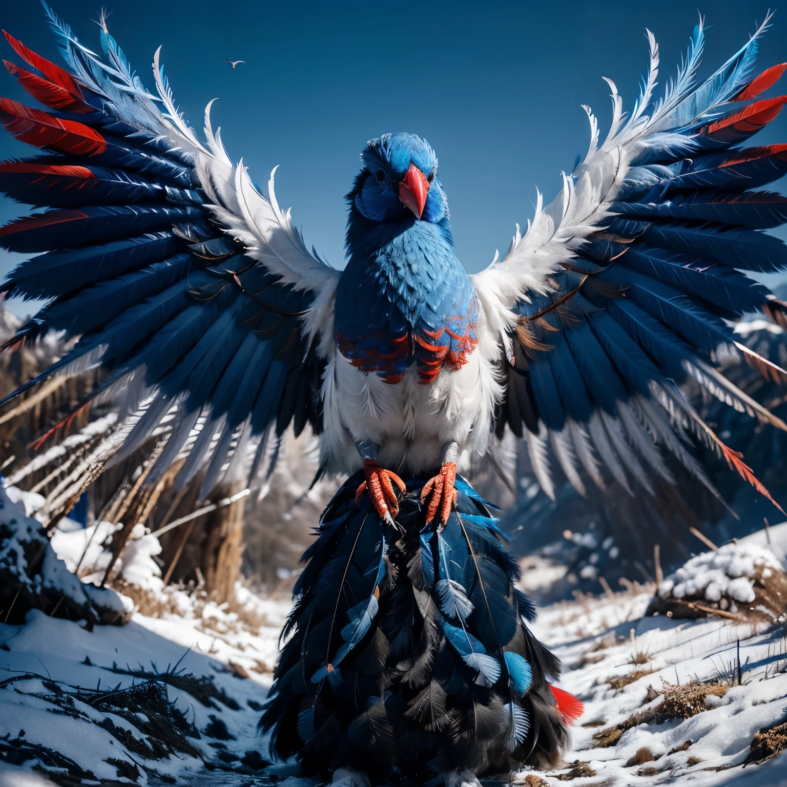 ((bird)), (extremely detailed 8k wallpaper), Dark Theme, ((white, red and blue feathers)), fine focus, (subsurface dispersion:1.1), award-winning photography, (mountains), dramatic lighting.