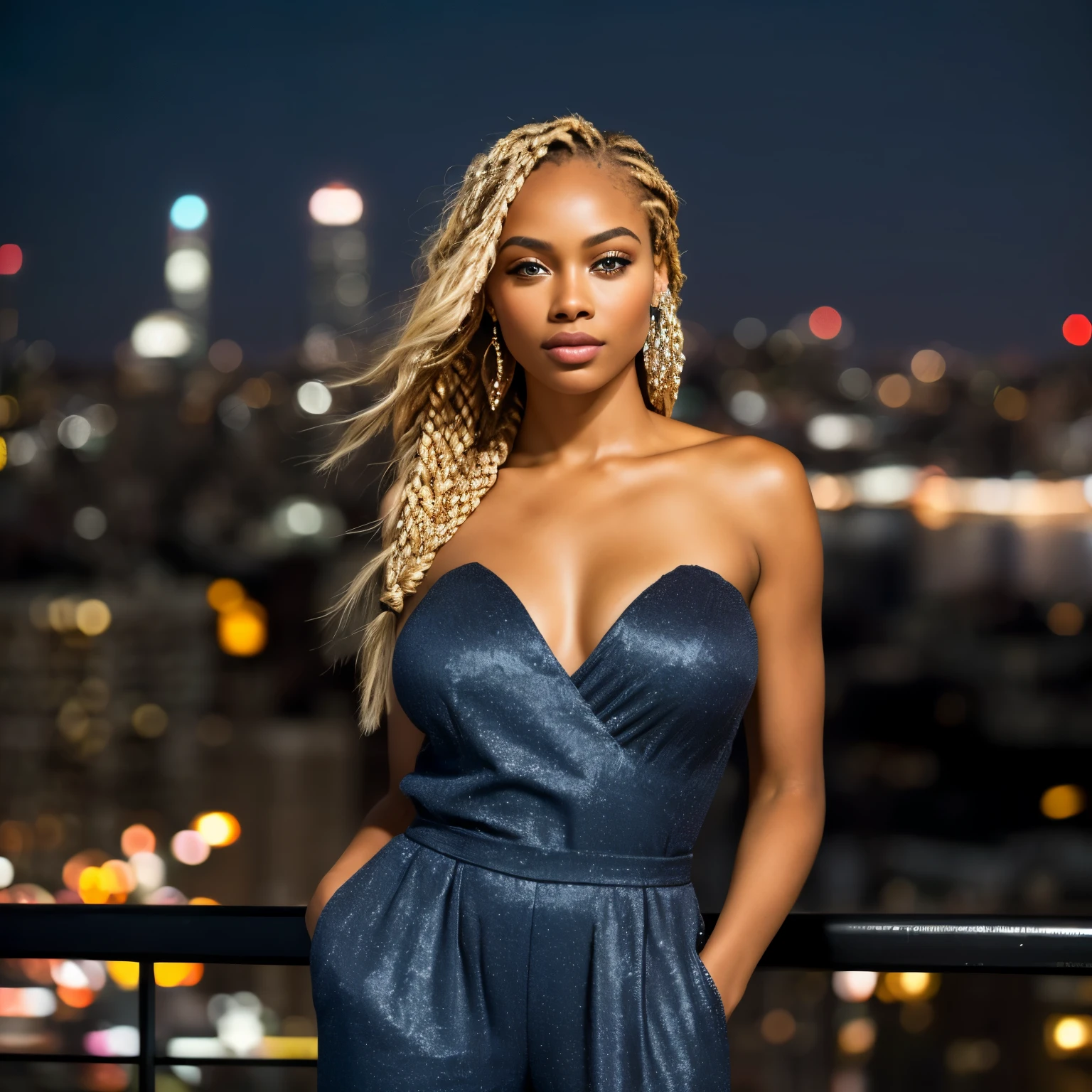 (full body photo: 1.4), RAW UHD portrait photo of a 28-year-old African (blue-eyed African woman mixed brazillian), blonde braids, large breasts, (sleek jumpsuit), against a New York skyline, (strapless), showcasing (cityscape!, skyline lights, glamour!! , allure: 1.1), captivating eyes with city glint (fixating on the camera), Rooftop city lights, mirrorless camera, urban tones, crisp details, subtle grain, Nikon Z6, sophisticated framing, sharp focus, city bokeh (city lights), night, details (textures! , hair! , glitter, color!! , disadvantages: 1.1), glossy eyes with high detail, ultra-quality, depth of field, film grain, crystal clear, frame center, beautiful face, sharp focus, bokeh (dimly lit), day, detailed skin pores, oily skin, sunburn, complex eye details, full body, large breasts