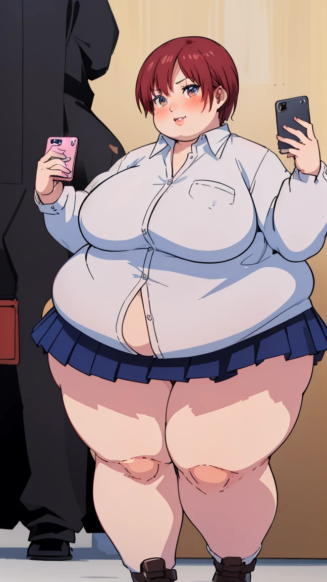 masterpiece, best quality, highly detailed, obese KeiKsmt-KJ, shirt, brown skin, skirt, obese body, bright eyes, blushing, selfie, obese sexy
