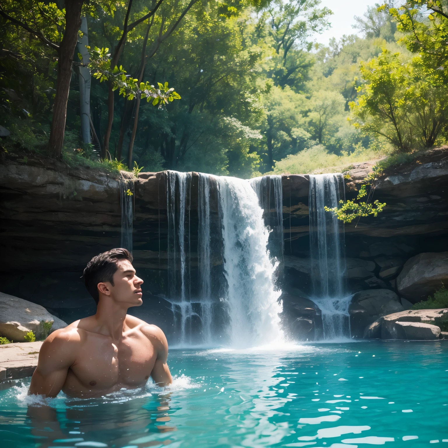 A man teetered precariously on the edge of a tree, on the brink of a disastrous fall. Beneath him, several women were engrossed in their daily bathing ritual, oblivious to the impending danger. Their lithe forms shimmered in the sunlight as the water cascaded over their sleek bare skin, creating ripples that danced on the surface of the pool. The scene was a peaceful tableau of nature and human existence, a moment frozen in time. The man's face was etched with a mixture of terror and awe as he grasped the branches with white-knuckled determination, trying to steady himself before it was too late. The women,