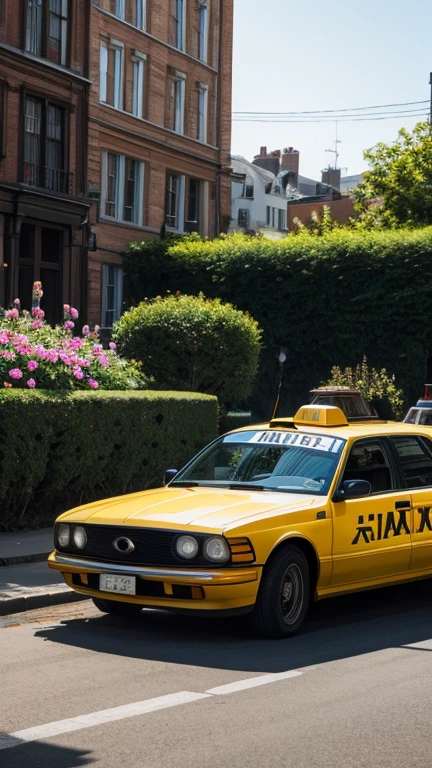 taxi in a garden with flowers, 8k, intricate, golden hour, with white border
