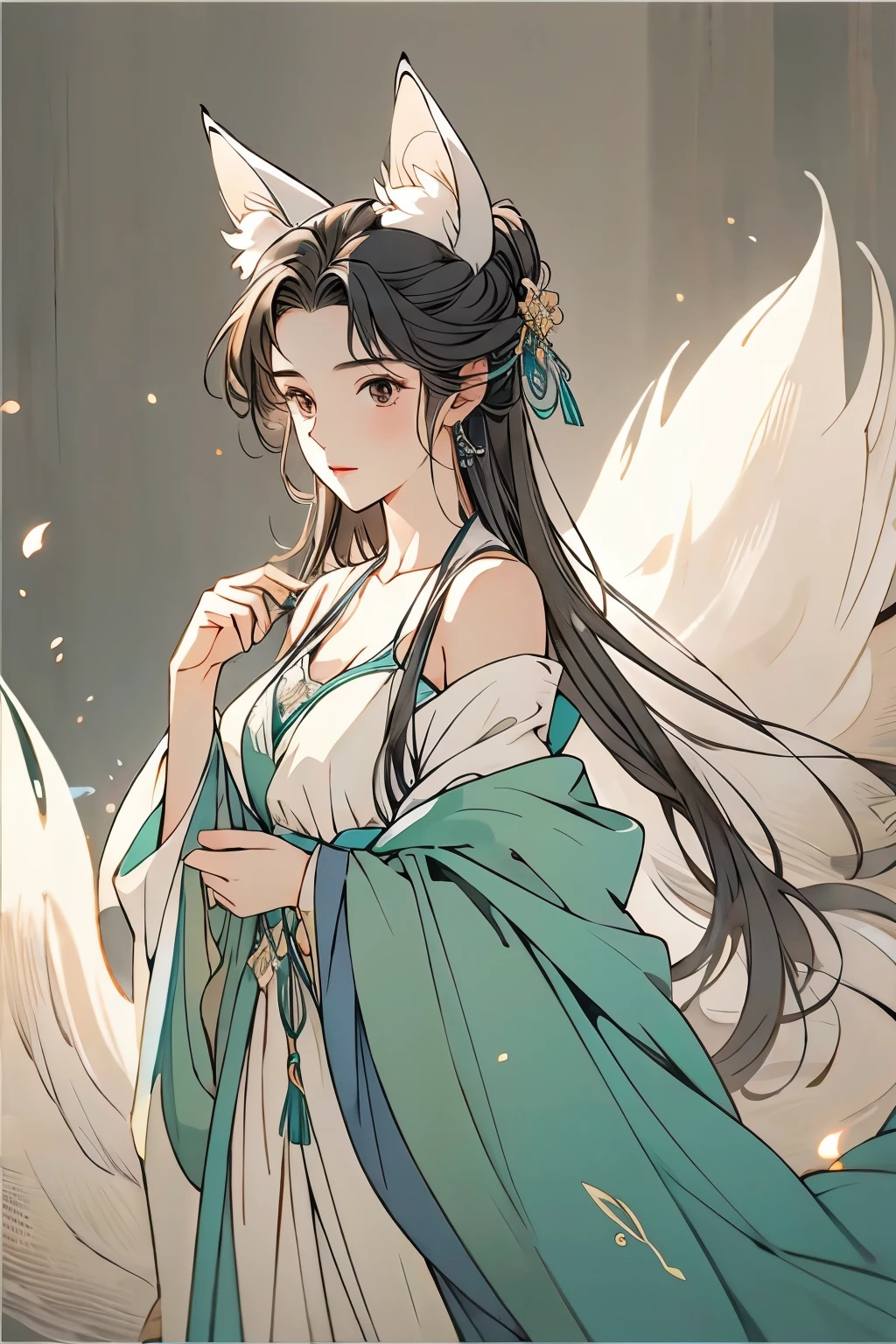 (masterpiece), (best quality), 1girl, girl with fox ears, swimsuit, Hanfu, nine-tail fox, off shoulder