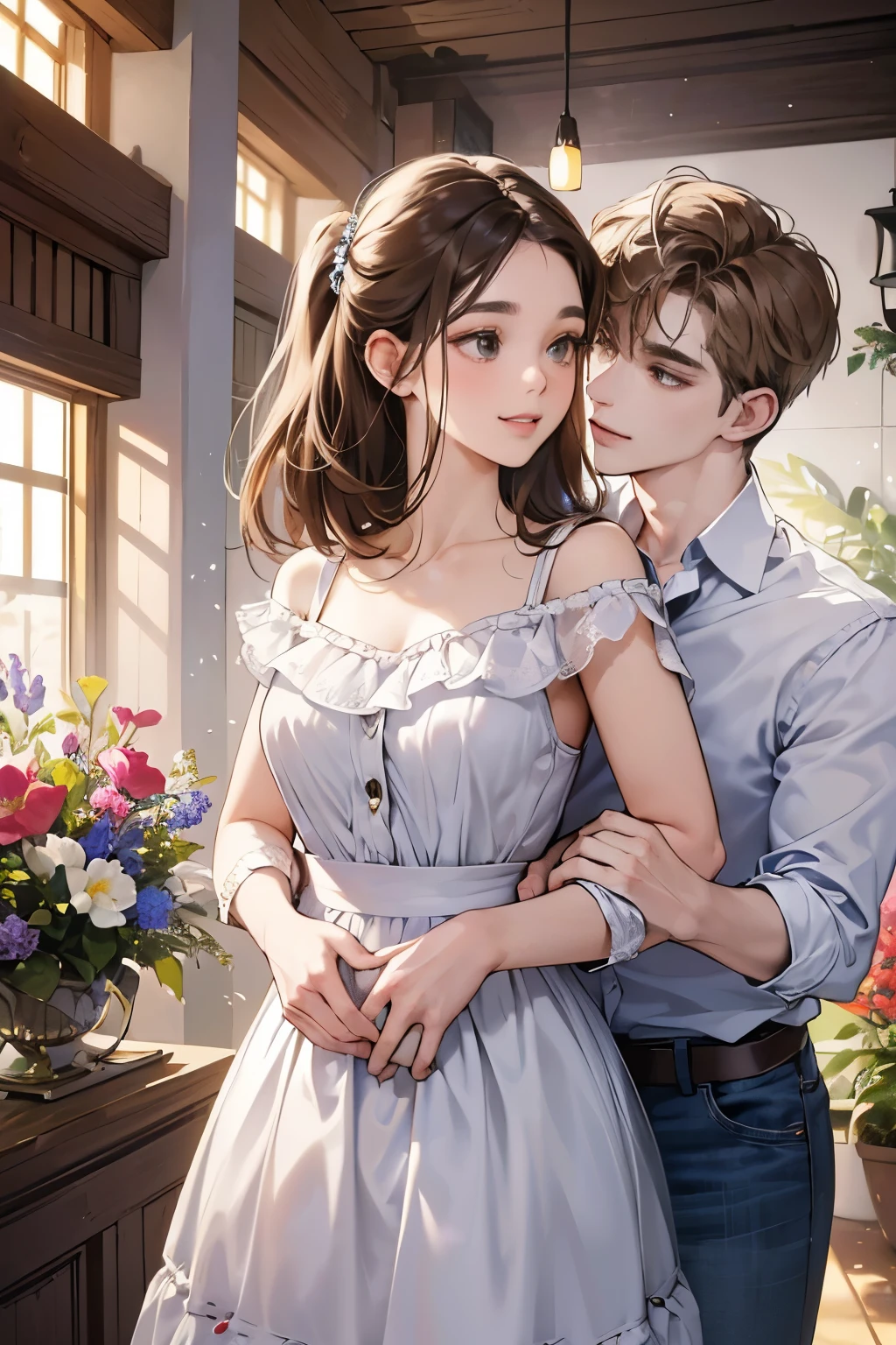 (table top, digital art, digital illustration, 4K, 8K, super detailed, beautiful images, clear image, realistic, RAW photo, perfect face, perfect lines, perfect eyes, soft lighting) 1 female, (light brown hair,chignon hair,innocent look,droopy eyebrows,With a round face,Round jaws、innocence,cute,Big eyes,natural makeup,smile gently,E cup,23 year old female:1.3),Two handsome men in suits, (human,Men in suits,muscular,Firm shoulder width,  mannish hairstyle,A man in his 30s with a cool expression,28-year-old man with bright smile:1.2),flower shop,flower shopの店先で,Flower Cottage,colorful flowers,lots of flowers、couple dancing、denim、country style、