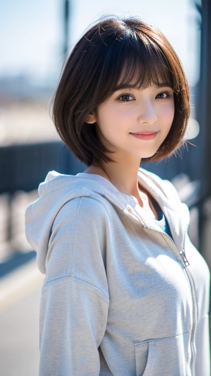 high school girl,Hairstyle(Short length,short hair,Bangs Patsun),short hair,cute,girly,adorable,face forward,accurate and perfect face,Super detailed,Realistic,correct anatomy,white parka jacket(Do not wear a hood,open the front,don&#39;t close the zipper),big breasts,body whole,whole body,whole body(slender),skin that looks real,beautiful skin,realistic textured skin,indoor,soft light,Professional light,smile,pure