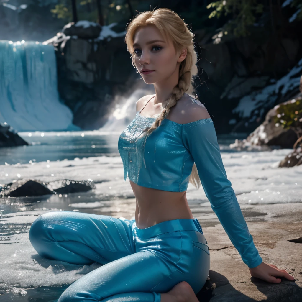 Elsa, Frozen, Disney, Pirincess, 8k,ultrarealistic, crop top, Ice, 8k, anna, barefoot, pants