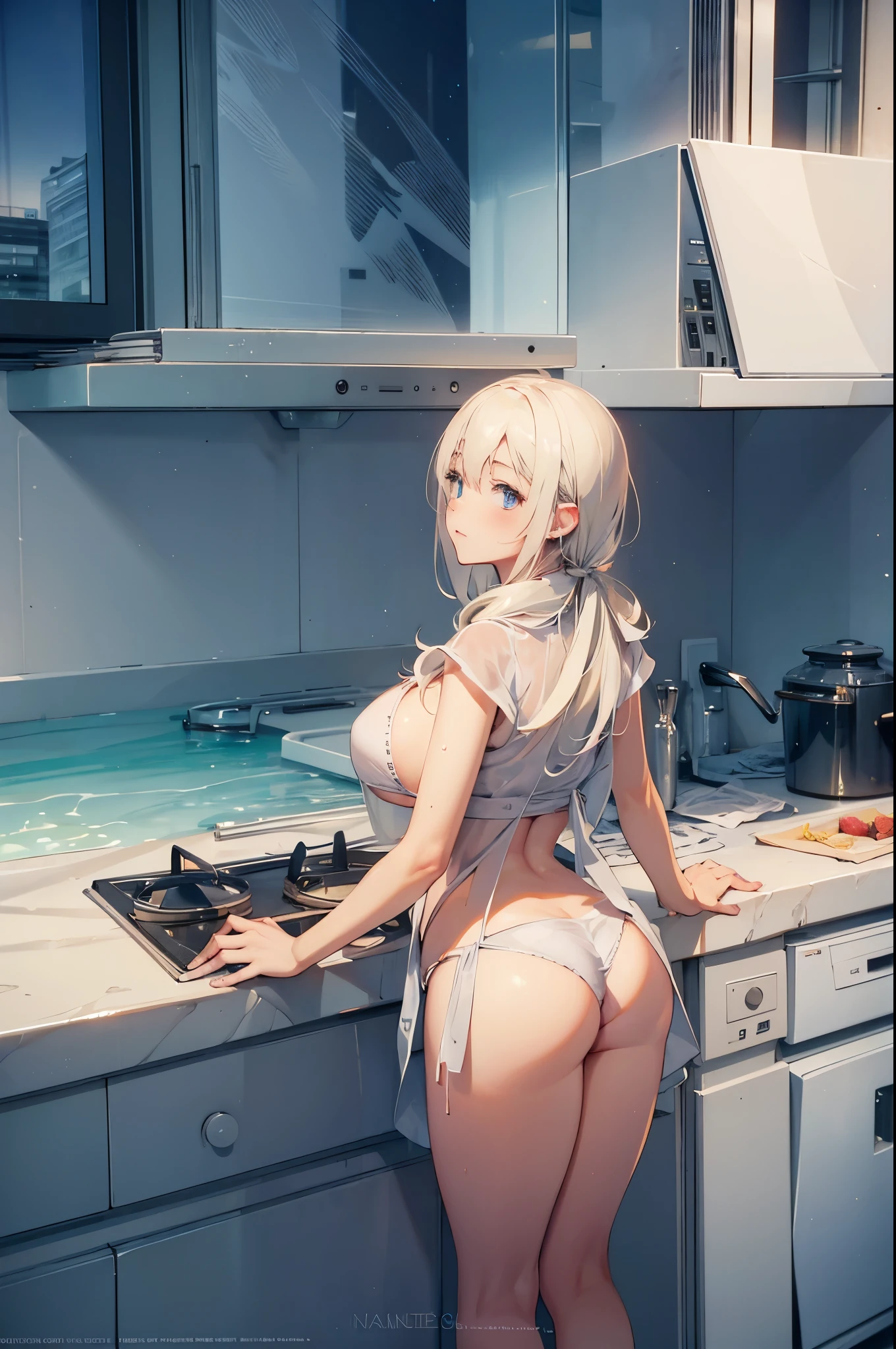 a girl,huge ,Bikini swimwear,white,kitchen,white色头发,Blushed,blue eyes