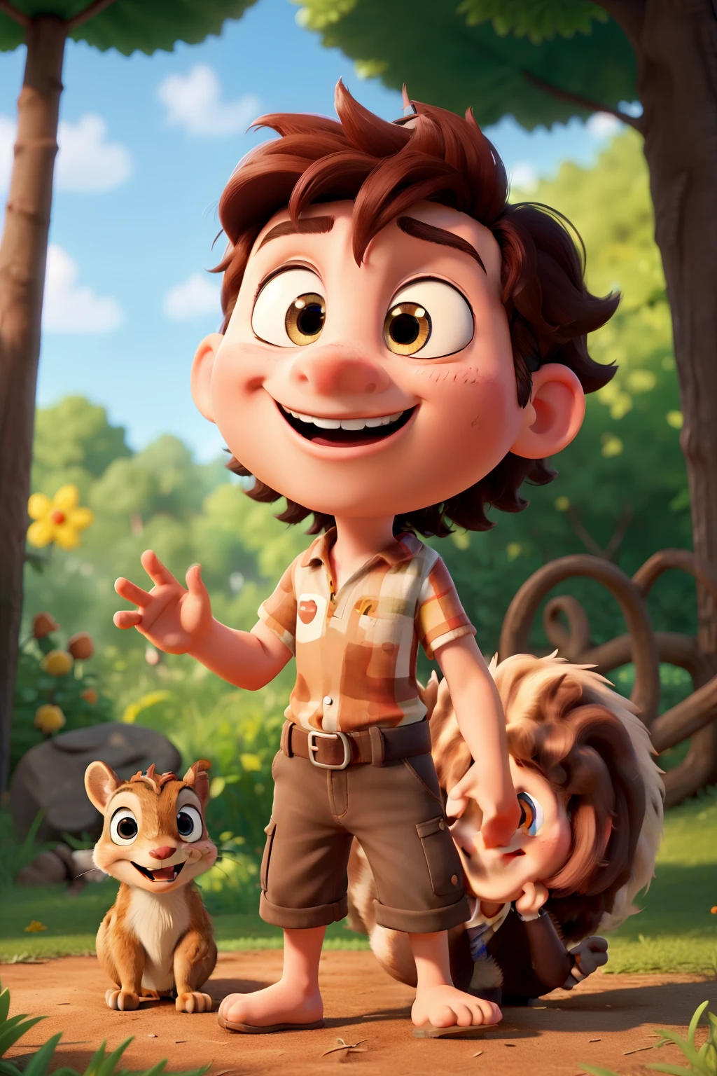 Curious Tommy, a young boy with bright, inquisitive eyes and sun-kissed, wavy hair, befriended a lively squirrel named Nutty in a hyper-realistic, 8k, ultra HD, Pixar style animation. This Cinema 4D production featured a 3:2 aspect ratio, capturing every detail of Tommy's cheerful expression and Nutty's animated antics as they explored the forest together.