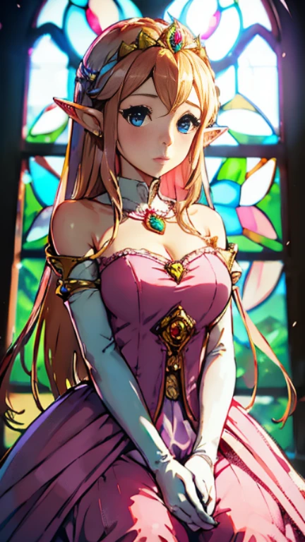 (quality, 4k, 8k, high resolution, masterpiece: 1.2), ultra-detailed, blurry, depth of field, blurred foreground, blurred background, pink, pink rose, dress, jewelry, earrings, elf ears, elf blonde hair, stained glass, princess dress, blue eyes, elbow gloves, pink dress, breasts, looking at viewer, hair over one eye, long hair, pink flower, elf ears, throne room, gloves, motion blur, solo focus , peach princess, crown, strapless, blush, white dress, photo \(medium\), 1 elf girl, gem