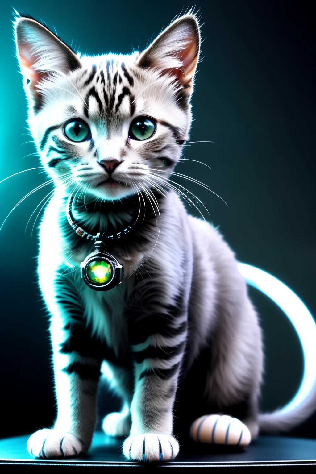 A cute cyborg kitten made out of metal, with intricate details and hyperdetailed wire tail, creating a mesmerizing visual experience. The HDR effect adds depth and vibrancy to the image, while the cinematic shot and centered composition give it a captivating allure. The vignette effect further enhances the focus on the adorable feline, making it the undeniable star of the picture.