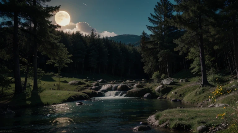 Ultra realistic 8k picture,green forest, bright beautiful night,full moon ,waterfall