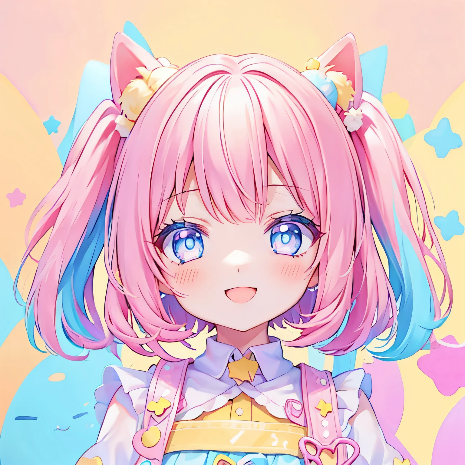 (1girl), idol, closeup,((face portrait)),kawaii eyes, kawaiitech, kawaii, cute, pastel colors, best quality, happy, deep background,pastel multicolored hair,smiling