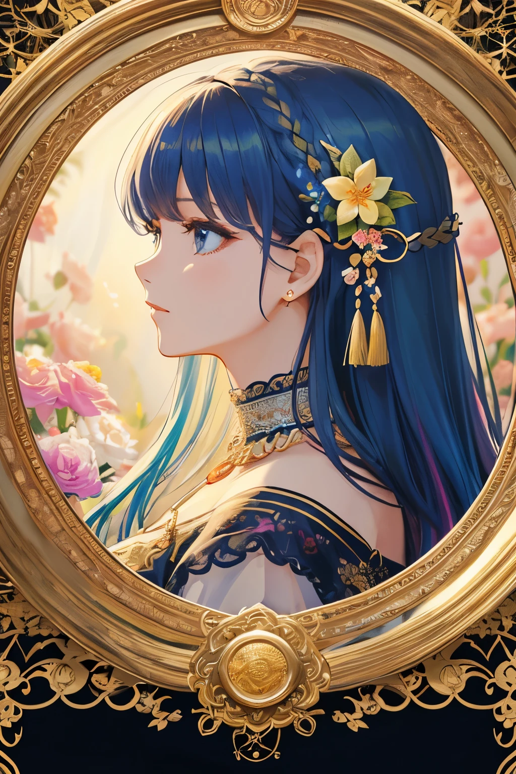 1 beautiful woman、(masterpiece、highest quality、highest quality、beautiful and aesthetic:1.2)、(fractal art:1.3)、round picture frame、rainbow colored hair、Shining jewelry hair ornament、flowers in full bloom、detailed jewelry、dynamic、Based on the concept of natural motifs and elegant women.、short neck、profile