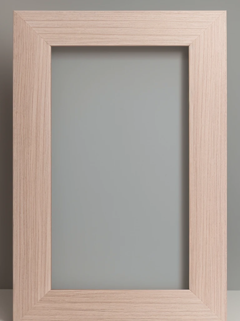 a wooden picture frame mockup in grey, in the style of mamiya 7 ii, threadbare abstractions, white background, empty space, light pink and light brown, focus on joints/connections, richad misrach, front view, vintage