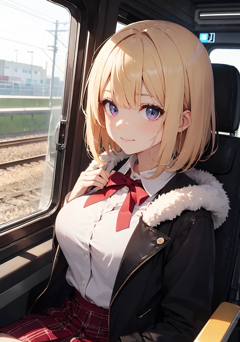 masterpiece, absurdres, best quality, ultra detailed, high Resolution, detailed illustration, extremely beautiful detailed face and eyes, bright colour, 1girl, (loli), cute face, Delicate beautiful face, magenta eyes, cute eyes, sparkling eyes, big eyes, medium breasts, (perky breasts:1.1), (pointy breasts:1.1), medium hips, glamorous body, white skin, Smile, BREAK, long bob cut, (blonde hair:0.8), messy hair, detailed hair, shiny hair, BREAK winter coat, tiny ribbon, at train, commute, real world, natural lights, perfect lighting,